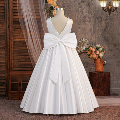 Ivory Satin Pearl-Trim V-Back Flower Girl Dress with Oversized Bow