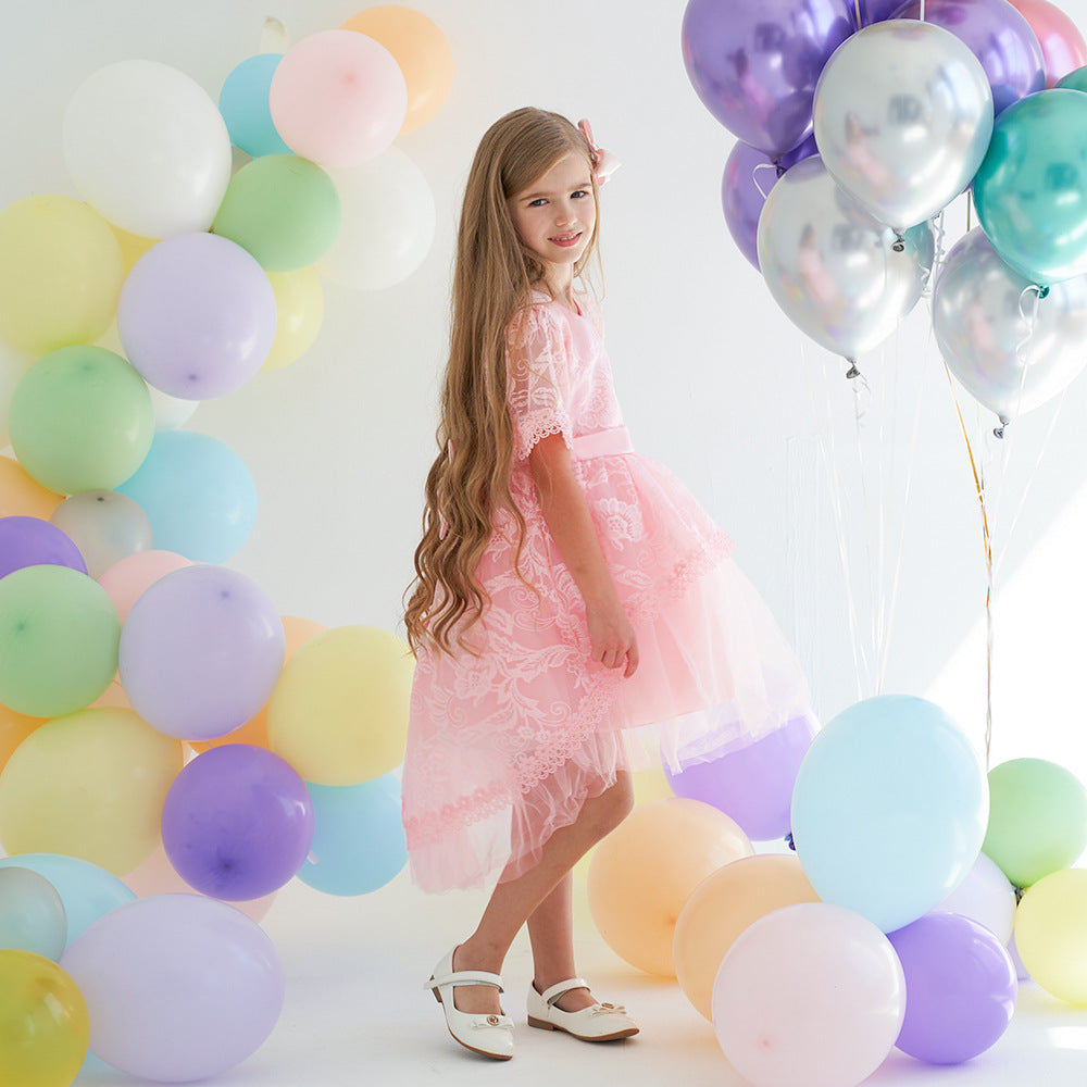 Pink Lace High-Low Flower Girl Dress with Back Bow | Lightweight Ceremony