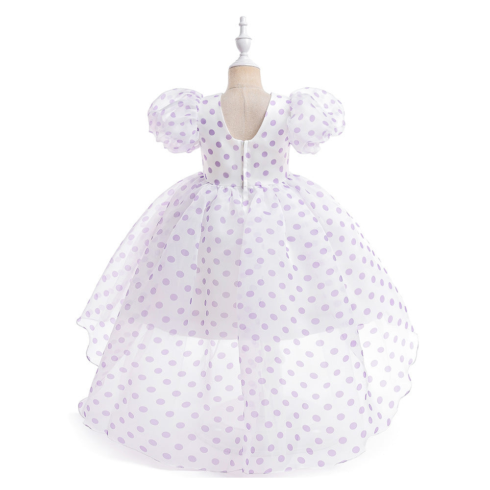 Girls Polka Dot Puff Sleeve High-Low Party Dress – Organza Overlay & Satin Lining