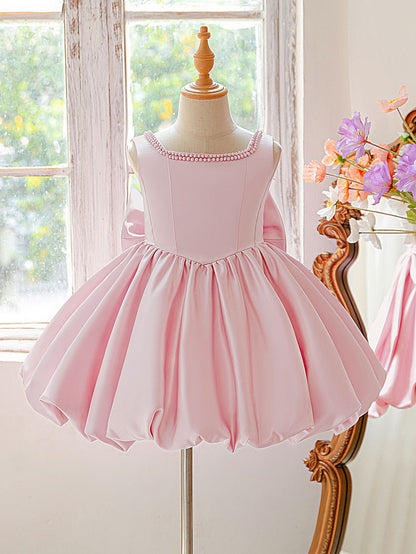 Blush Pink Satin Flower Girl Dress with Pearl Neckline & Bow Back