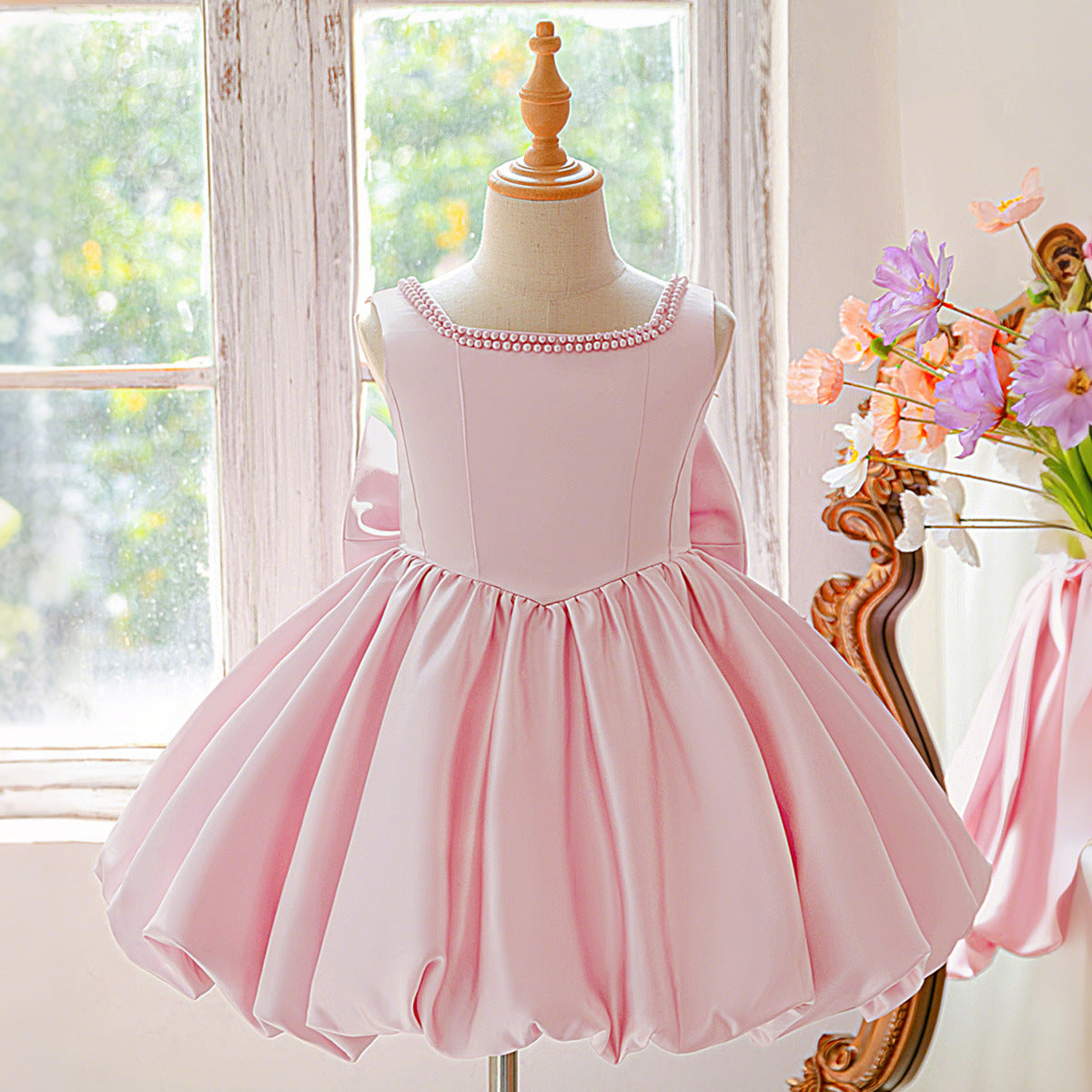 Blush Pink Satin Flower Girl Dress with Pearl Neckline & Bow Back