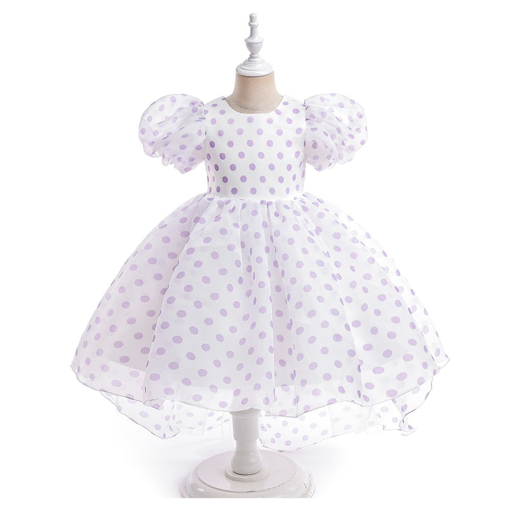 Girls Polka Dot Puff Sleeve High-Low Party Dress – Organza Overlay & Satin Lining