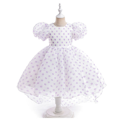 Girls Polka Dot Puff Sleeve High-Low Party Dress – Organza Overlay & Satin Lining