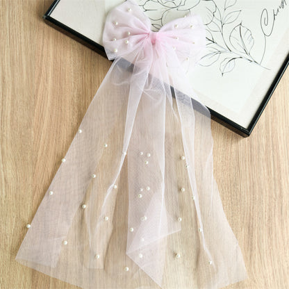 White Pearl Tulle Bow Hair Clip with Long Veil Tails – Flower Girl Wedding Hair Accessory (Blush Pink / Ivory White)