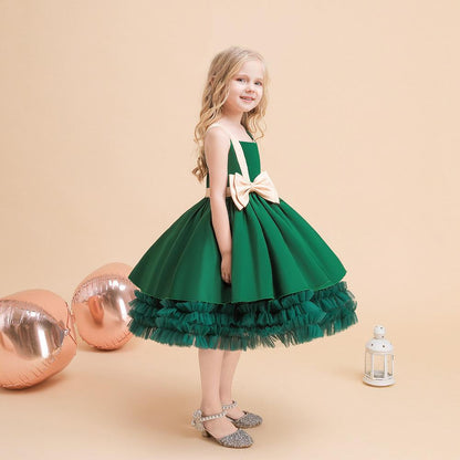 Kids Ivory Satin Party Dress with Champagne-Gold Bow | Wedding & Dinner Party