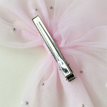 White Pearl Tulle Bow Hair Clip with Long Veil Tails – Flower Girl Wedding Hair Accessory (Blush Pink / Ivory White)