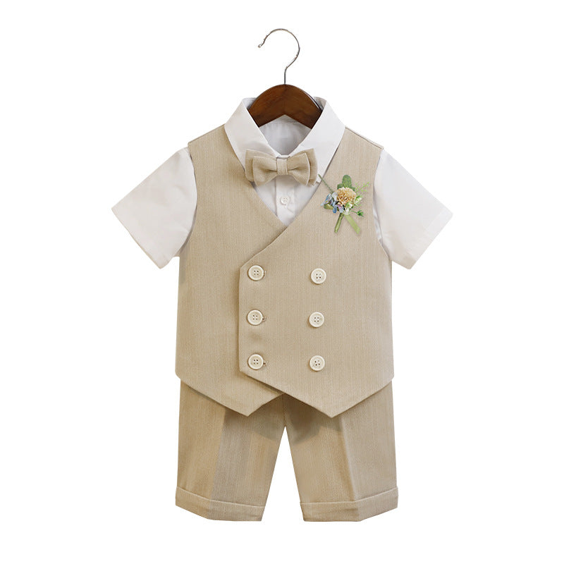 Boys Beige Vest & Shorts 5-Piece Wedding Outfit Set – Cotton Shirt, Bow Tie & Boutonniere