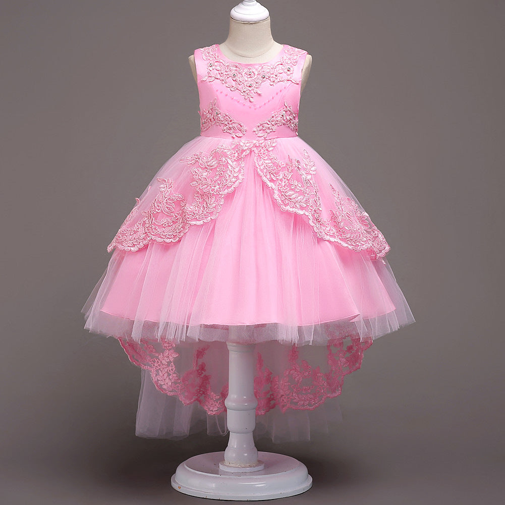 High-Low Lace & Rhinestone Flower Girl Dress with Satin Bow (Easy-Walk)
