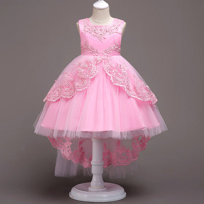 High-Low Lace & Rhinestone Flower Girl Dress with Satin Bow (Easy-Walk)