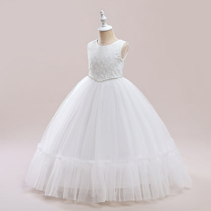 Lace Bodice Tulle Flower Girl Dress with Crystal Belt & Back Bow