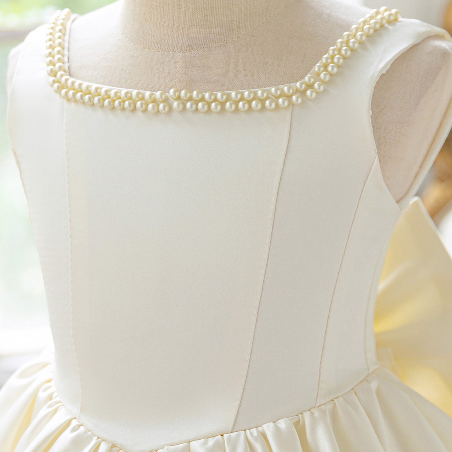 Blush Pink Satin Flower Girl Dress with Pearl Neckline & Bow Back