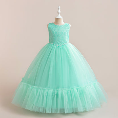 Lace Bodice Tulle Flower Girl Dress with Crystal Belt & Back Bow