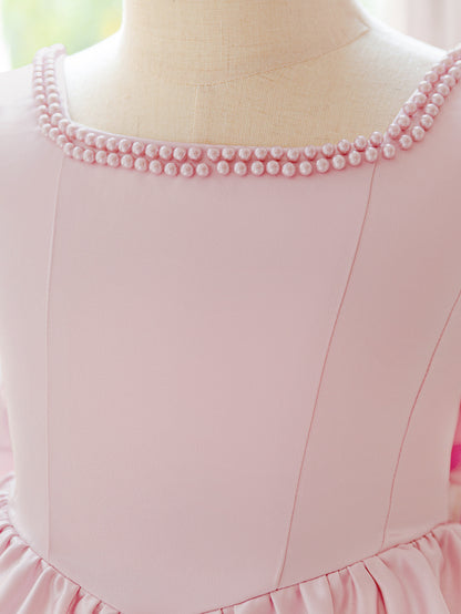 Blush Pink Satin Flower Girl Dress with Pearl Neckline & Bow Back