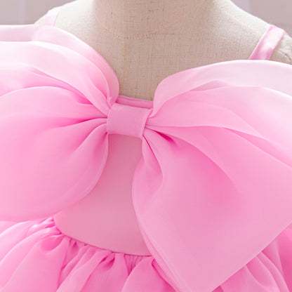 Baby & Toddler Giant Bow Satin & Organza Party Dress – Photo-Ready Statement Look (Detachable Back Bow)