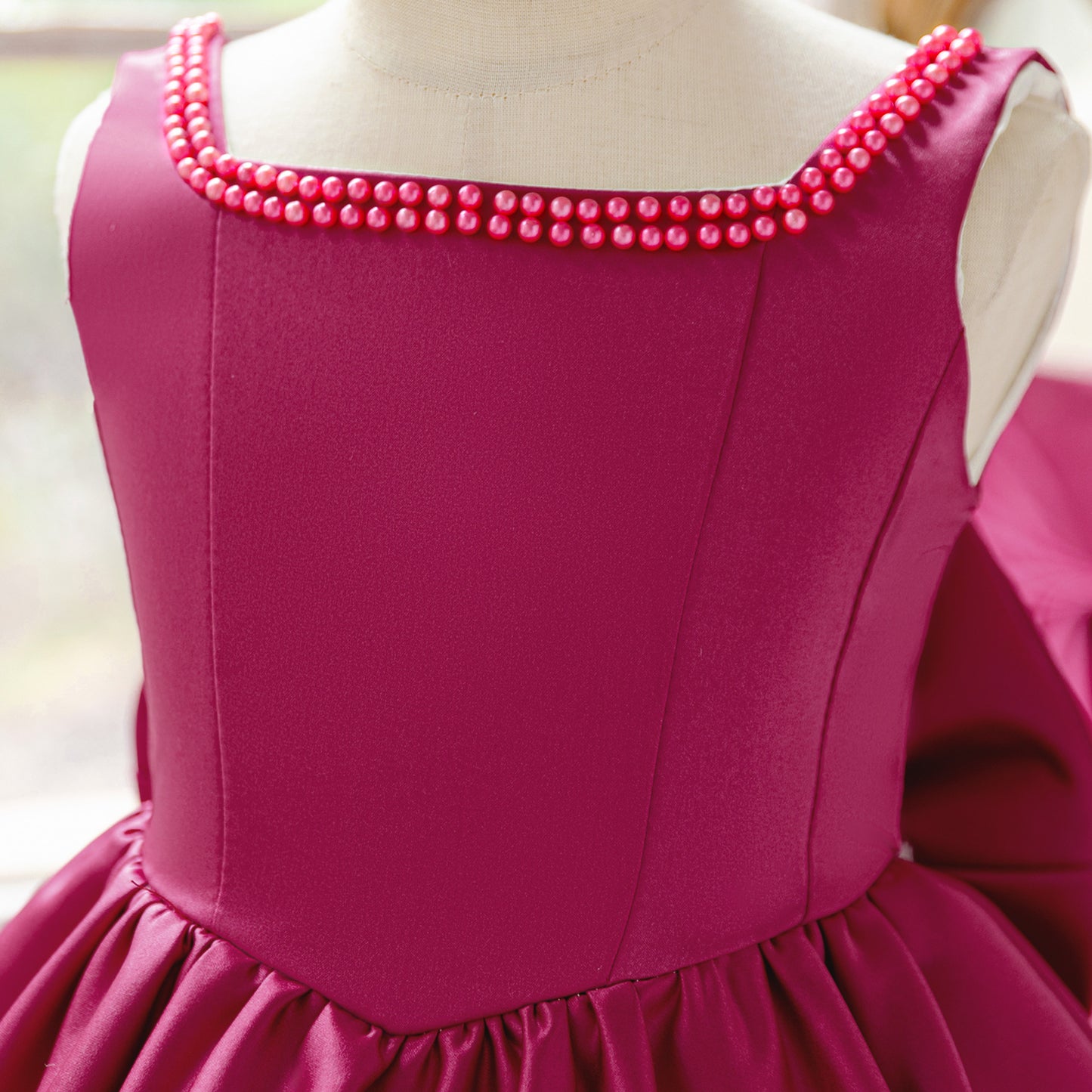 Blush Pink Satin Flower Girl Dress with Pearl Neckline & Bow Back