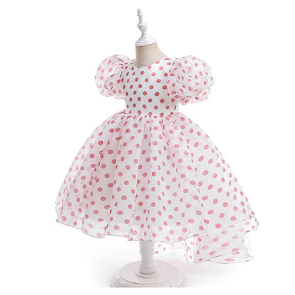 Girls Polka Dot Puff Sleeve High-Low Party Dress – Organza Overlay & Satin Lining