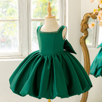 Blush Pink Satin Flower Girl Dress with Pearl Neckline & Bow Back