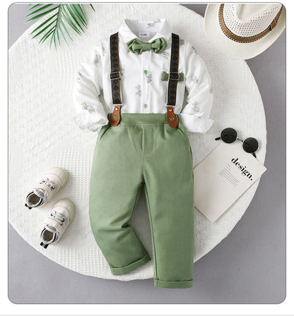 Sage Green Boys Braces Pants Set for Garden Weddings – Stretch Cotton Shirt & Bow Tie (4-Piece)