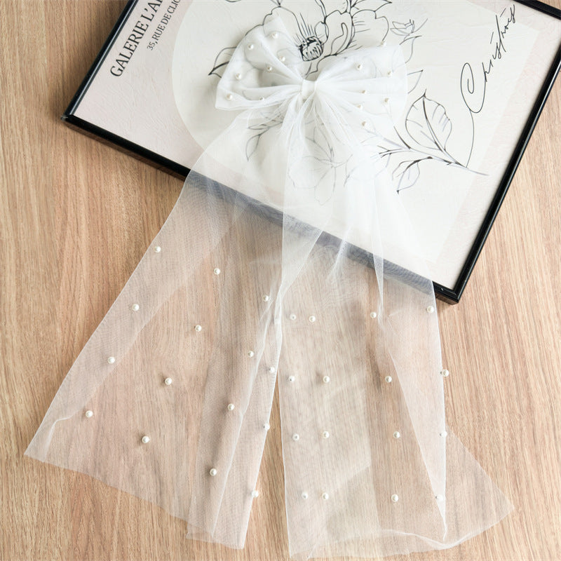 White Pearl Tulle Bow Hair Clip with Long Veil Tails – Flower Girl Wedding Hair Accessory (Blush Pink / Ivory White)