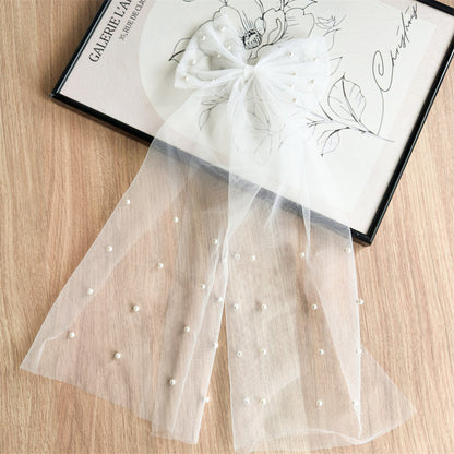 White Pearl Tulle Bow Hair Clip with Long Veil Tails – Flower Girl Wedding Hair Accessory (Blush Pink / Ivory White)