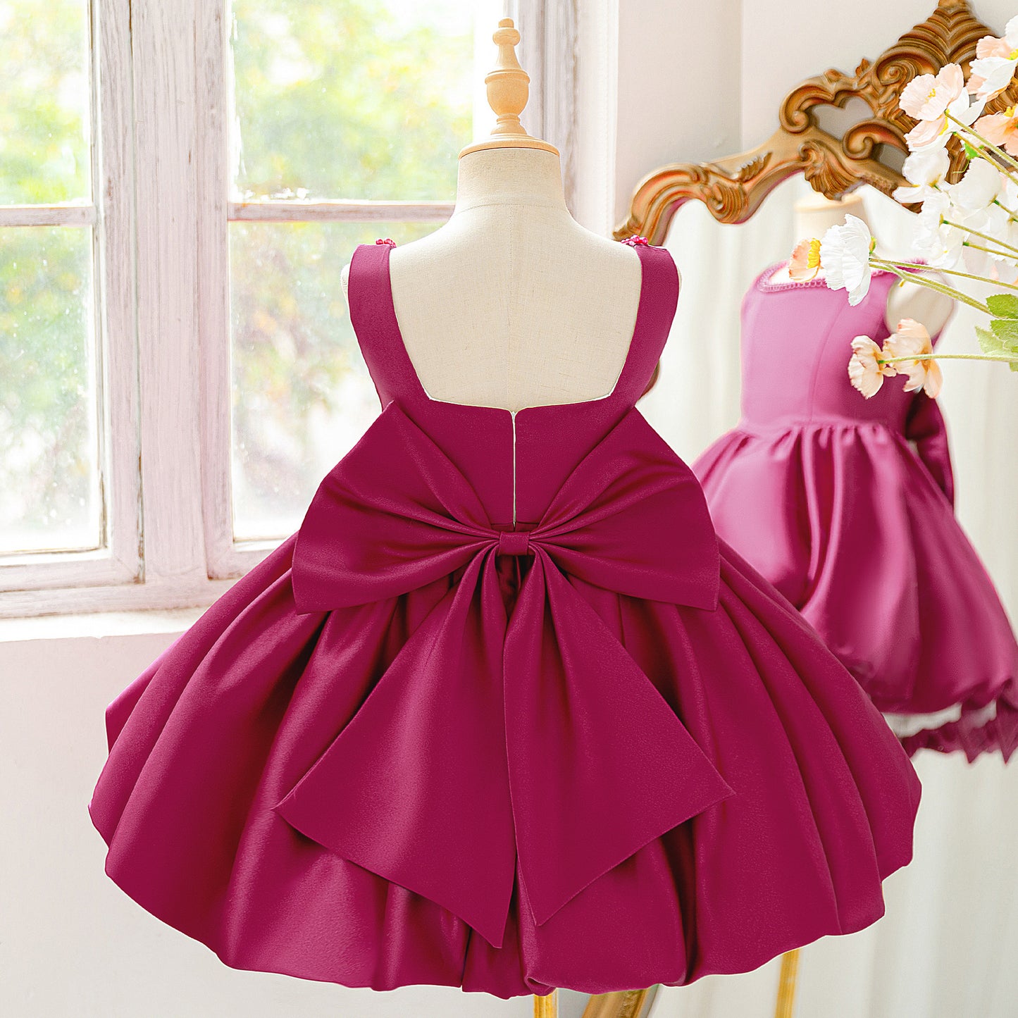 Blush Pink Satin Flower Girl Dress with Pearl Neckline & Bow Back