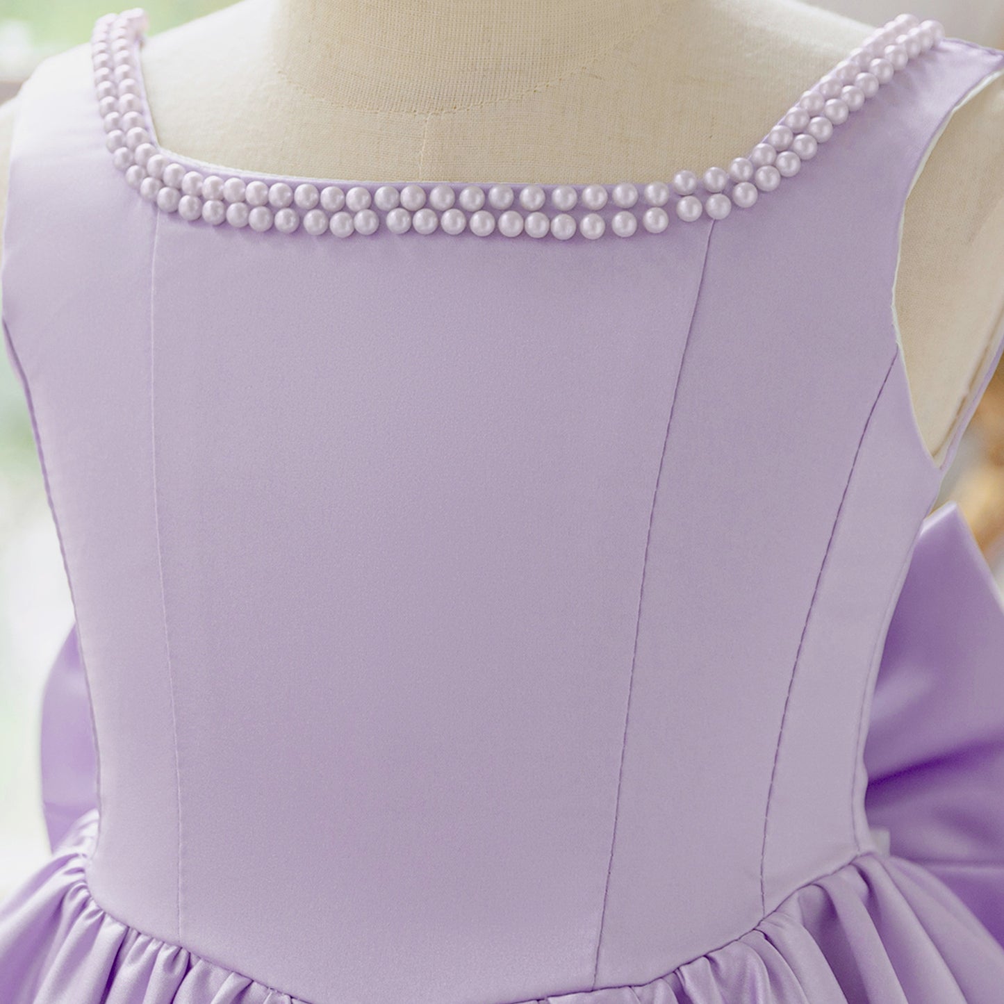 Blush Pink Satin Flower Girl Dress with Pearl Neckline & Bow Back