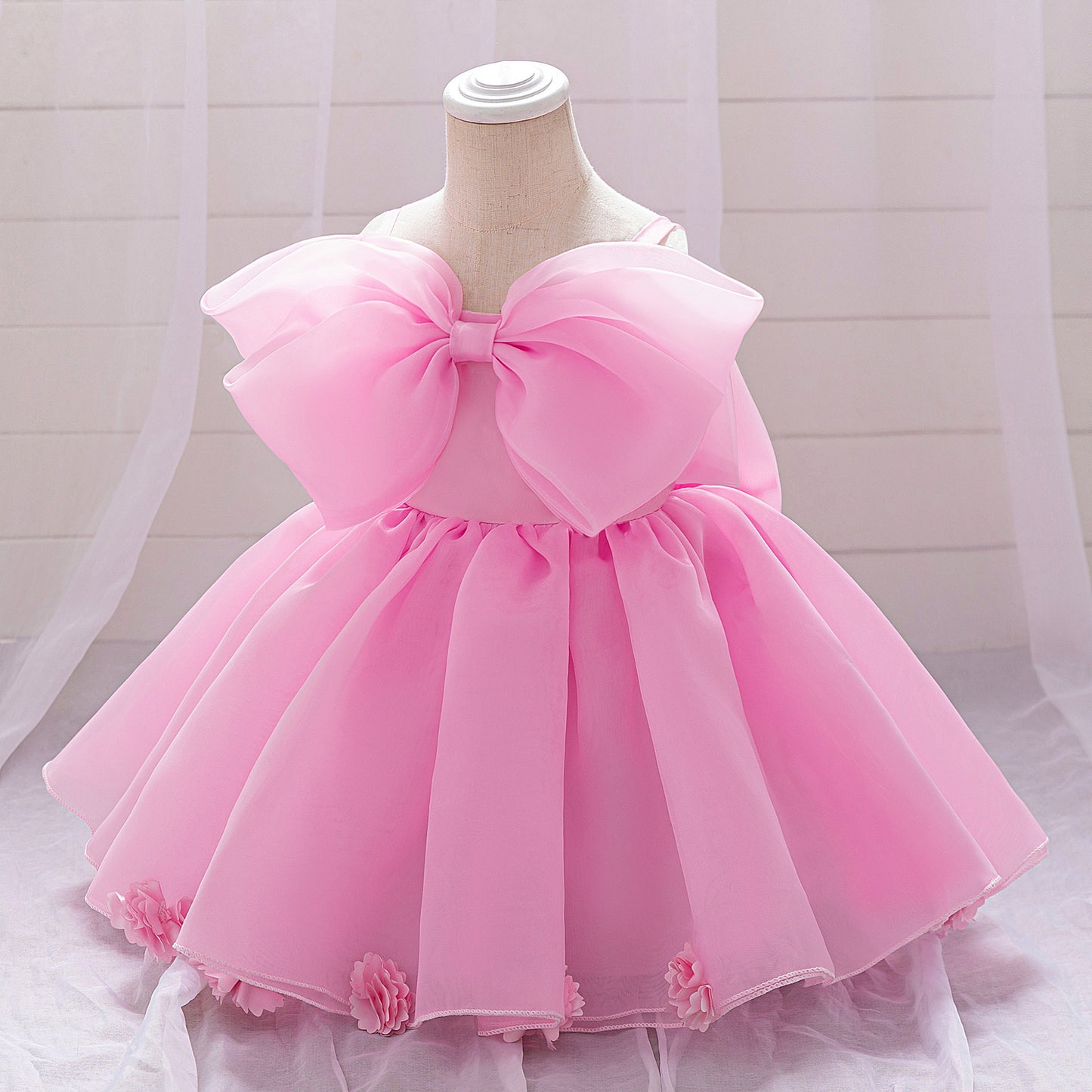 Baby & Toddler Giant Bow Satin & Organza Party Dress – Photo-Ready Statement Look (Detachable Back Bow)