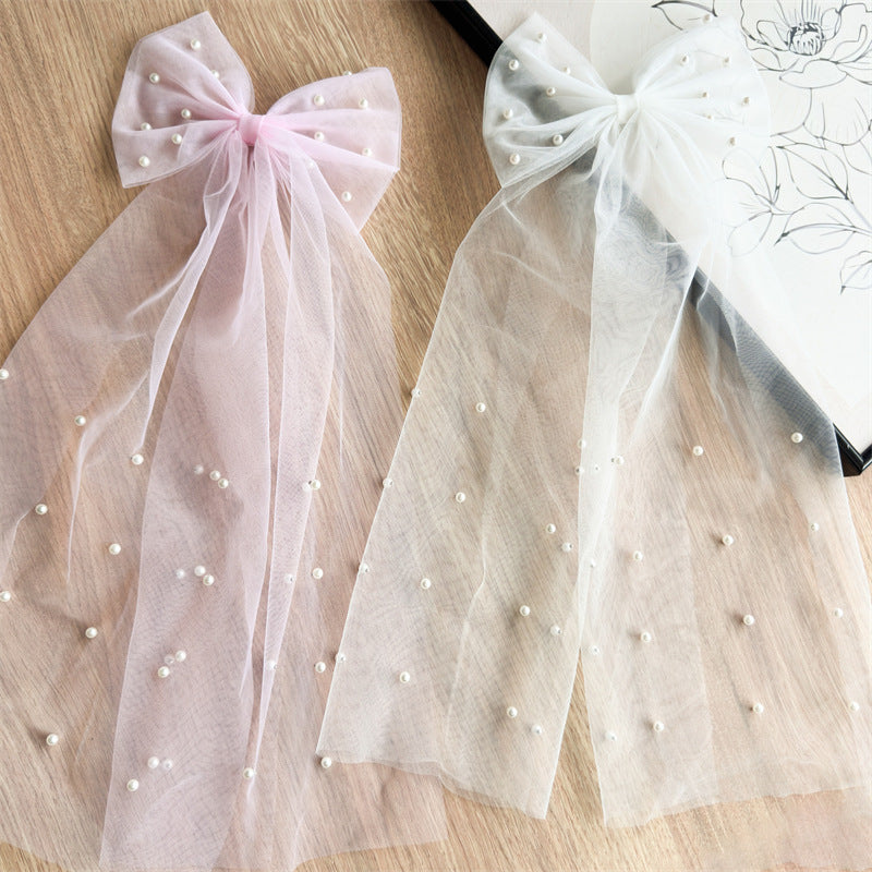 White Pearl Tulle Bow Hair Clip with Long Veil Tails – Flower Girl Wedding Hair Accessory (Blush Pink / Ivory White)