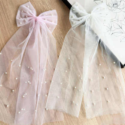 White Pearl Tulle Bow Hair Clip with Long Veil Tails – Flower Girl Wedding Hair Accessory (Blush Pink / Ivory White)