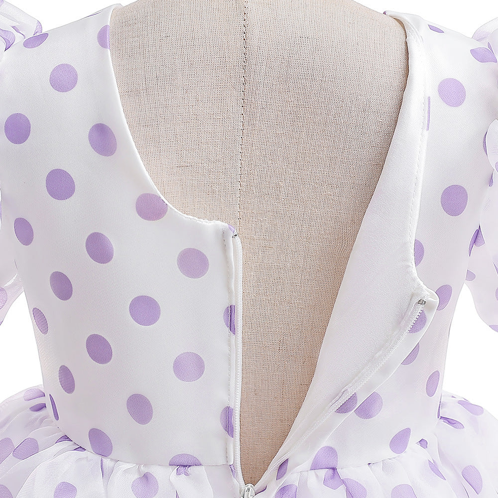 Girls Polka Dot Puff Sleeve High-Low Party Dress – Organza Overlay & Satin Lining