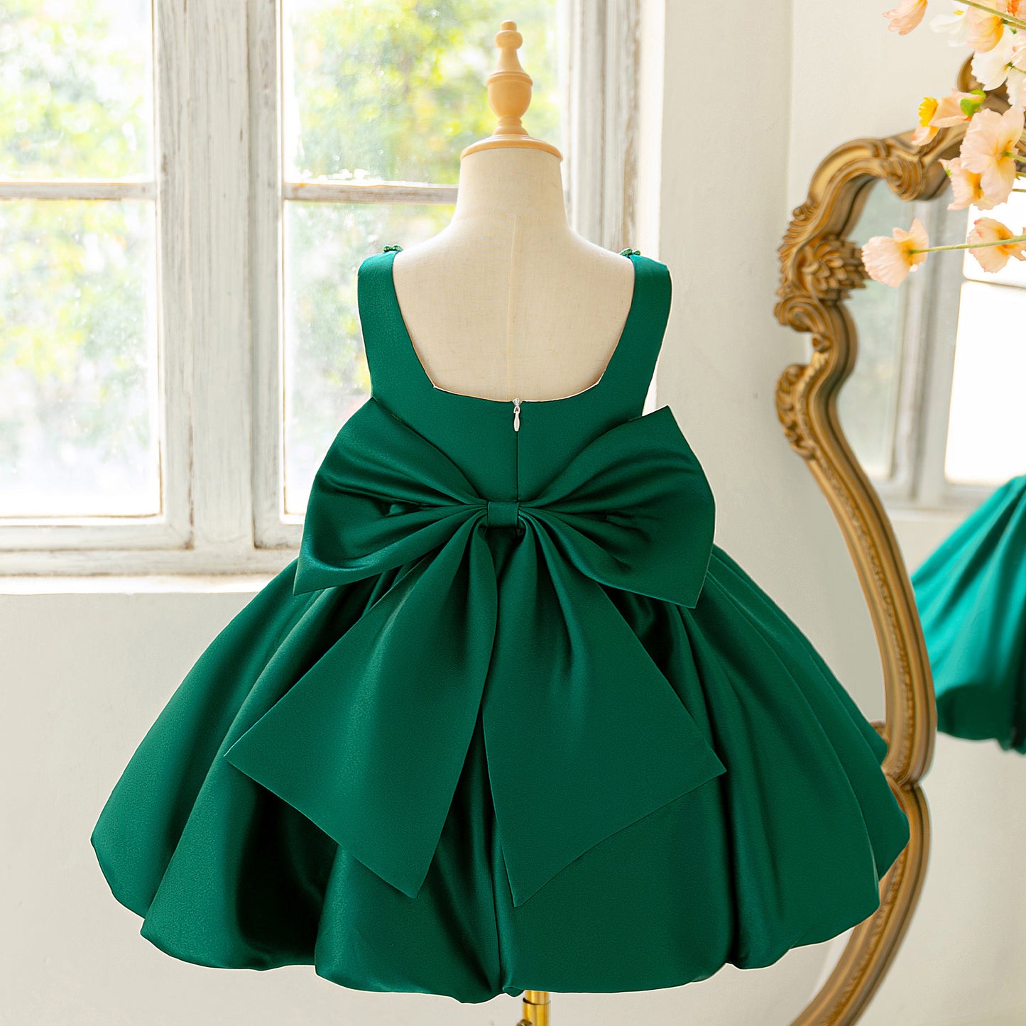 Blush Pink Satin Flower Girl Dress with Pearl Neckline & Bow Back