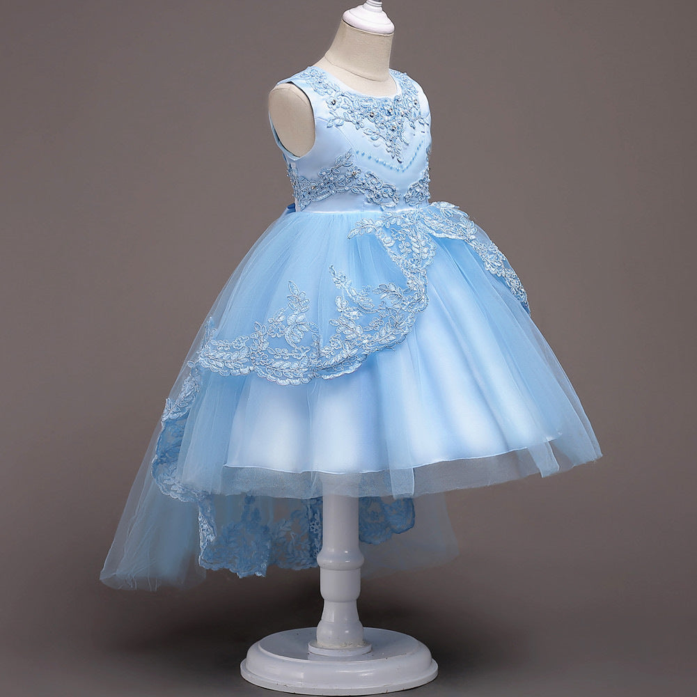 High-Low Lace & Rhinestone Flower Girl Dress with Satin Bow (Easy-Walk)