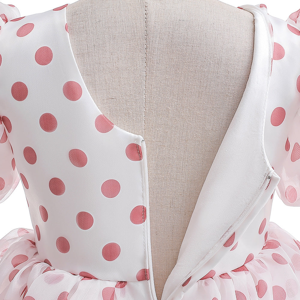 Girls Polka Dot Puff Sleeve High-Low Party Dress – Organza Overlay & Satin Lining