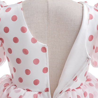 Girls Polka Dot Puff Sleeve High-Low Party Dress – Organza Overlay & Satin Lining