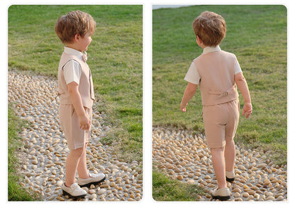Boys Beige Vest & Shorts 5-Piece Wedding Outfit Set – Cotton Shirt, Bow Tie & Boutonniere