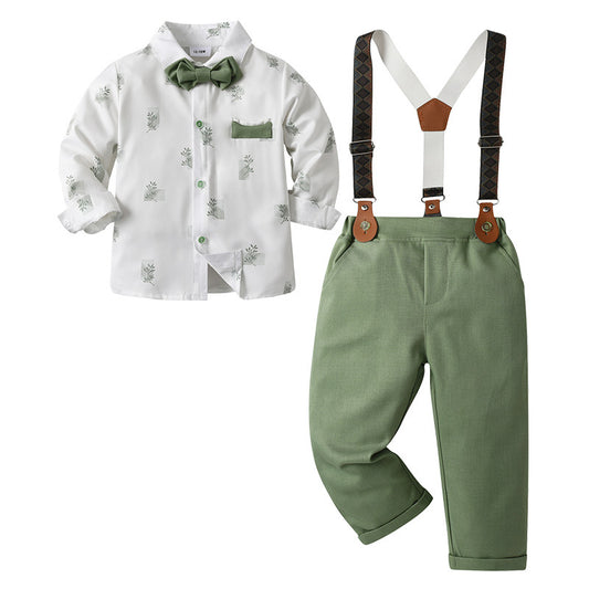 Sage Green Boys Braces Pants Set for Garden Weddings – Stretch Cotton Shirt & Bow Tie (4-Piece)