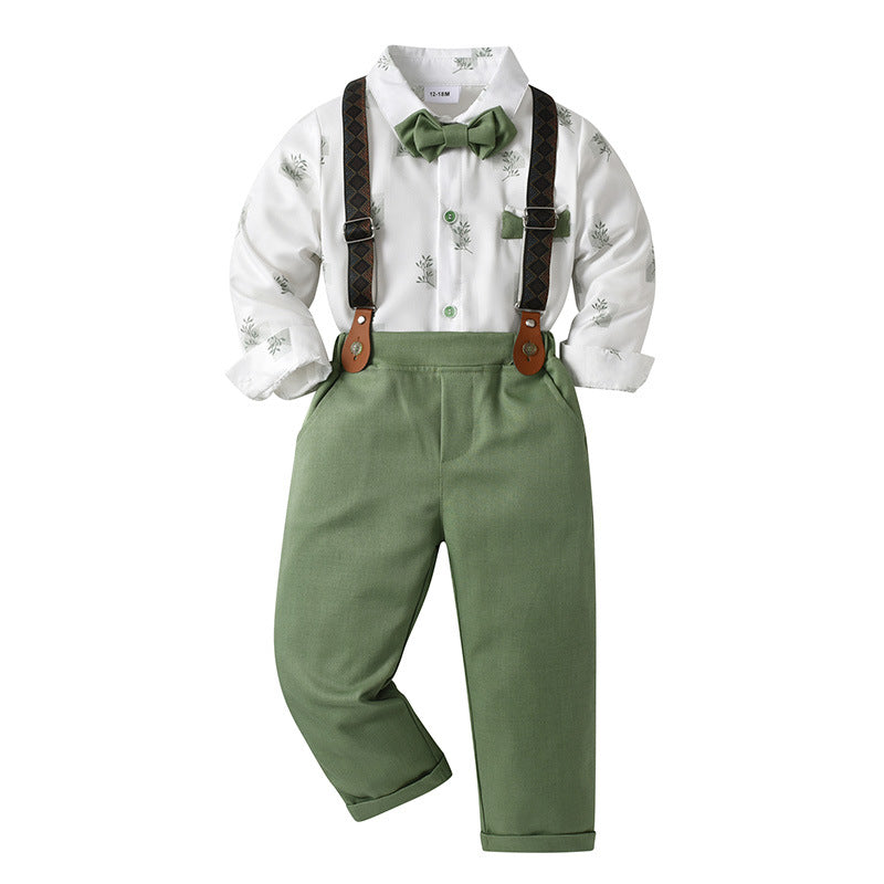 Sage Green Boys Braces Pants Set for Garden Weddings – Stretch Cotton Shirt & Bow Tie (4-Piece)