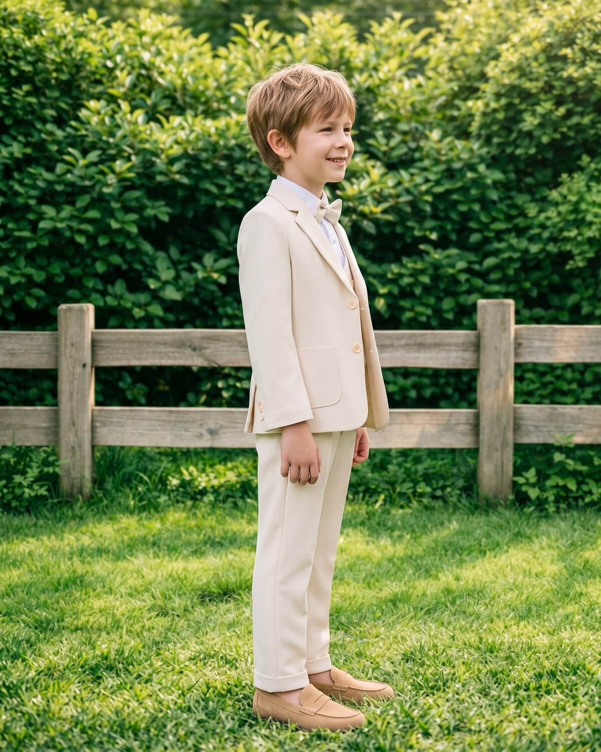Side profile of a boy wearing a perfectly tailored beige formal suit for kids.