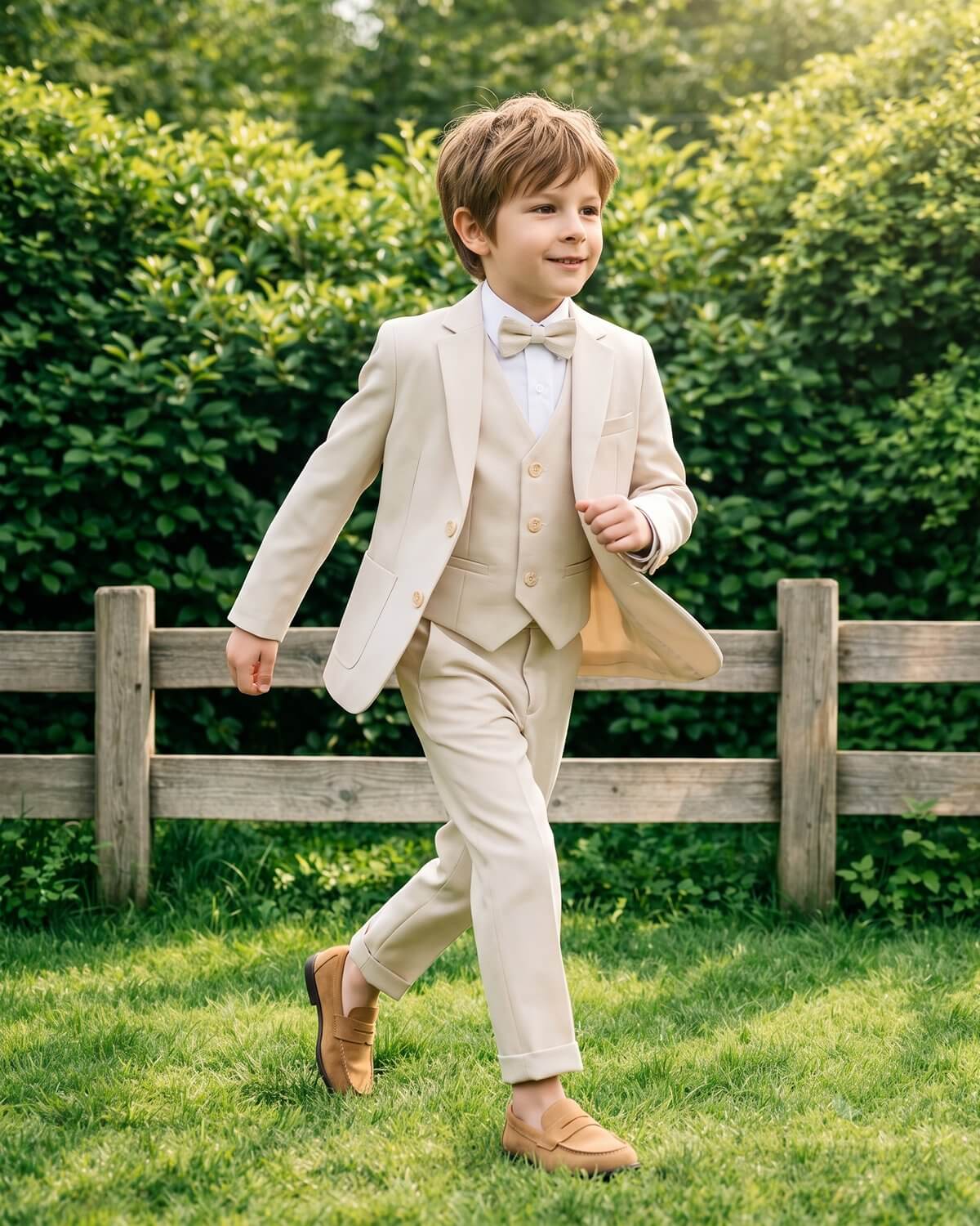 Young boy walking in a garden wearing a beige 5-piece formal page boy suit set.