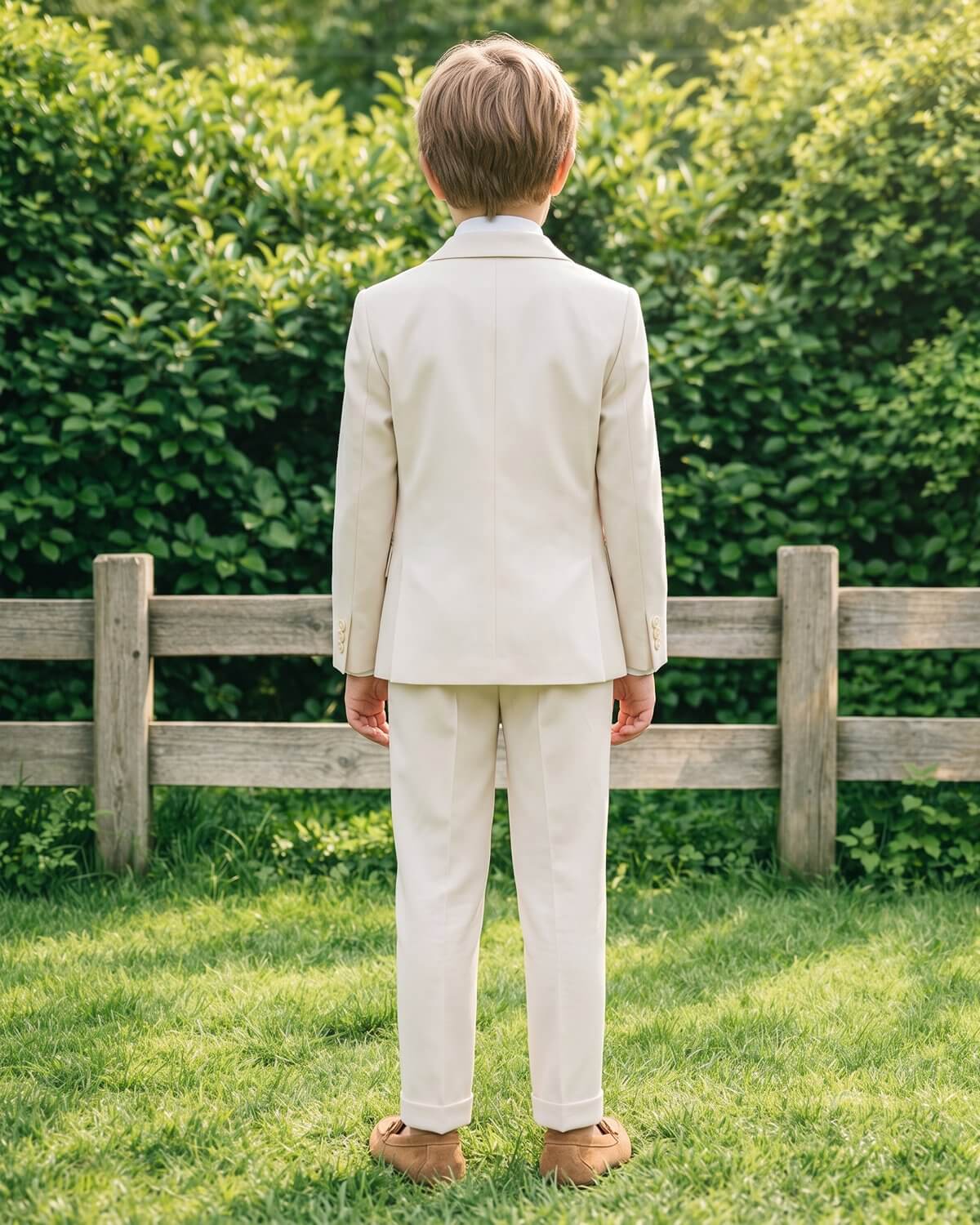 Back view of the tailored boys beige suit jacket and cuffed trousers.