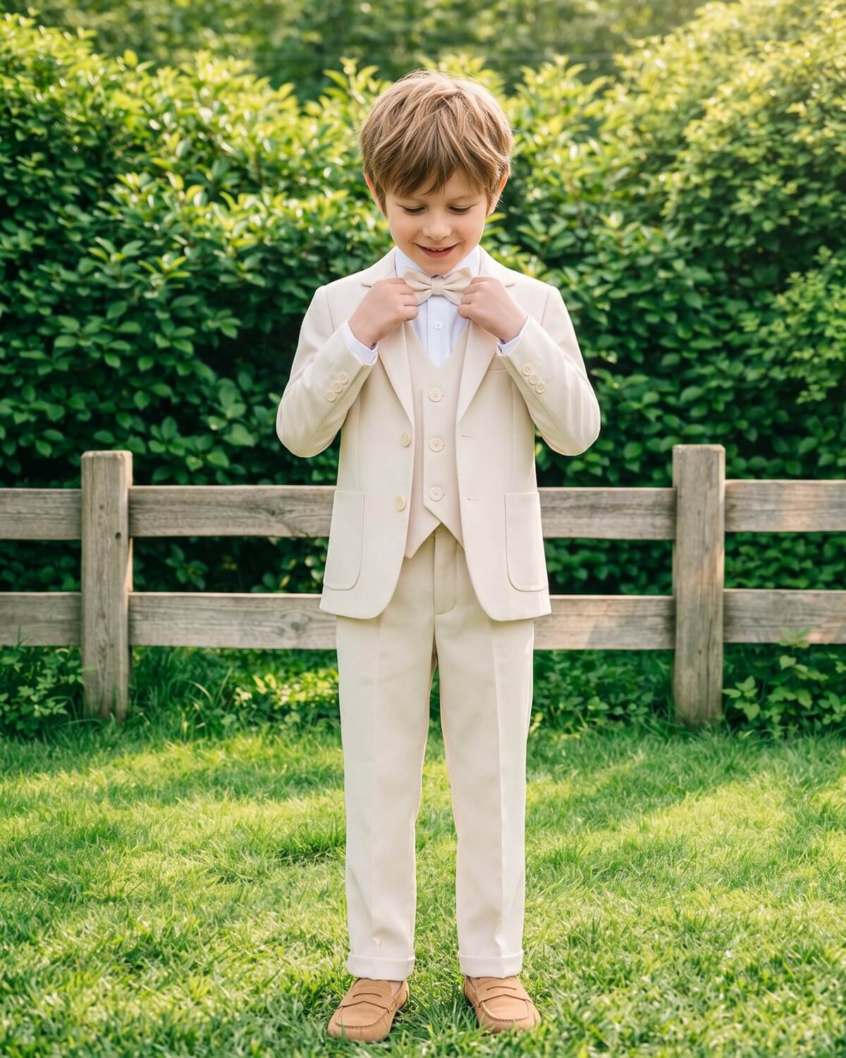 Little boy adjusting his bow tie in a beige 5-piece formal wedding suit set.