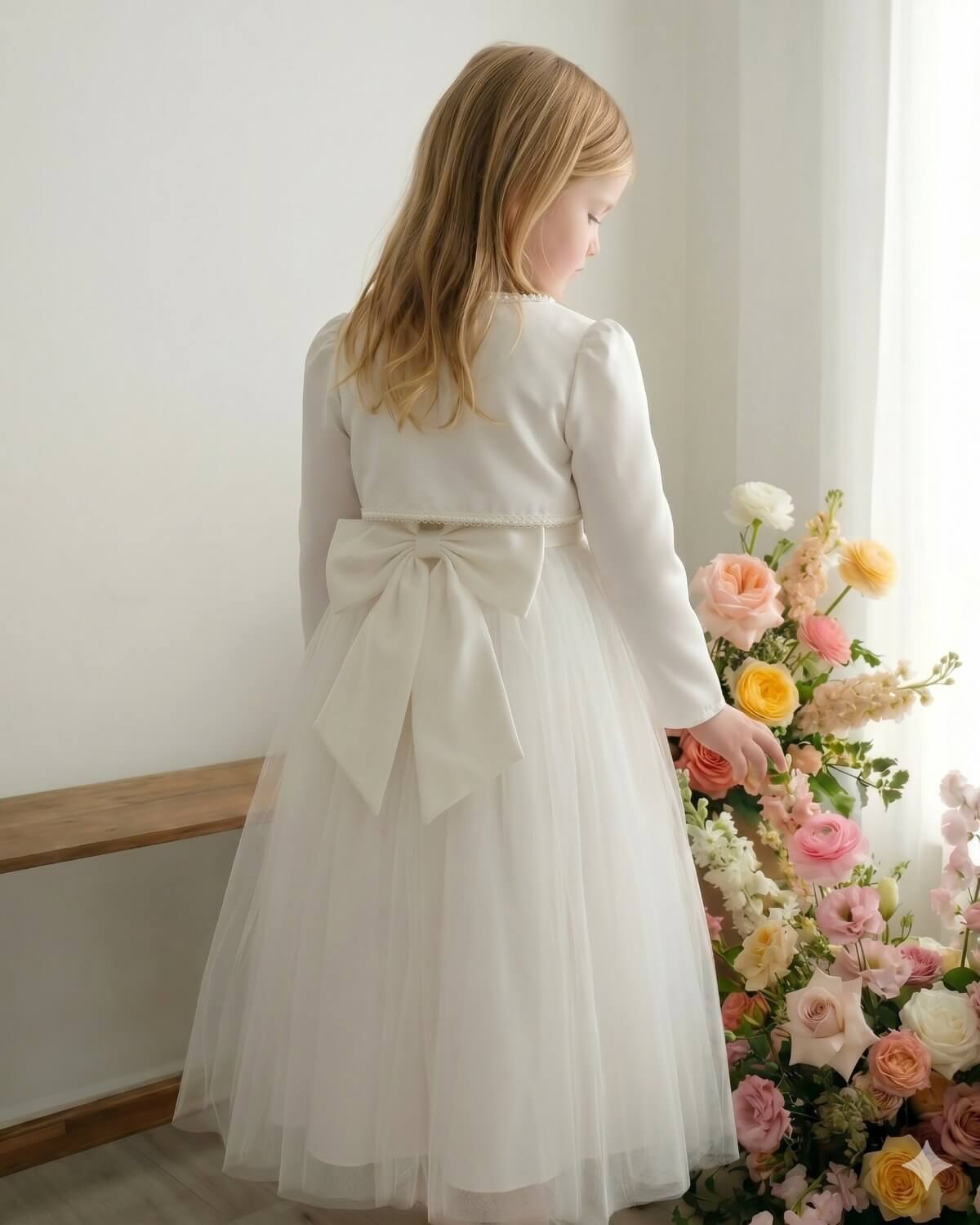 Back view of a flower girl looking at flowers, showcasing a tailored cropped satin wedding jacket that ends perfectly above a large decorative dress bow.