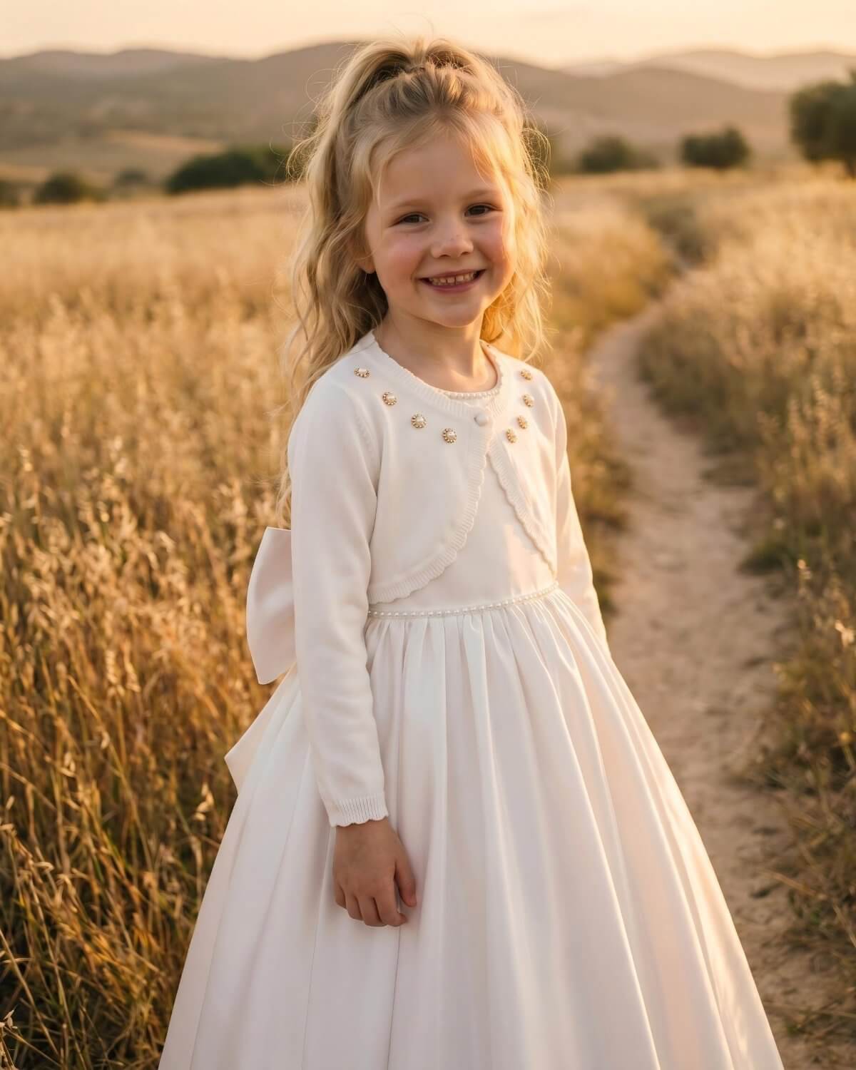 Young flower girl smiling outdoors wearing a luxury white cotton knitted cardigan shrug with rhinestone pearl embellishments over a satin formal dress.