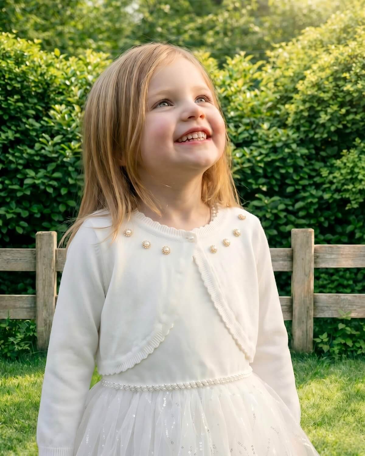 Close-up portrait of a little girl wearing the ivory rhinestone pearl trimmed formal wedding shrug jacket in natural warm lighting.