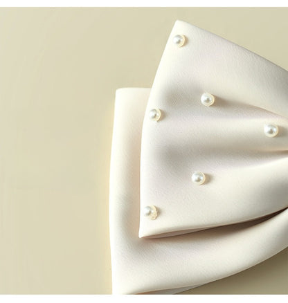 White Matte Satin Pearl Double-Layer Bow Hair Clip for Girls – Bridal/Flower Girl, 18cm