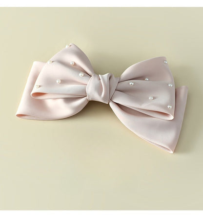White Matte Satin Pearl Double-Layer Bow Hair Clip for Girls – Bridal/Flower Girl, 18cm