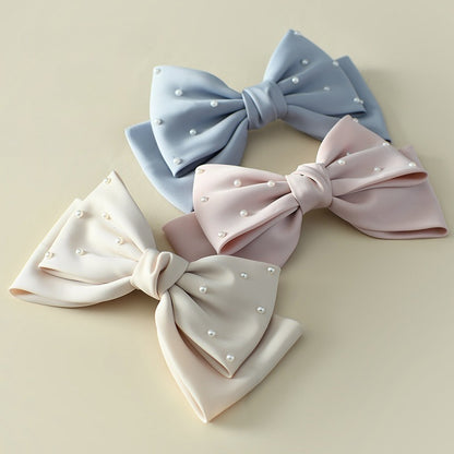 White Matte Satin Pearl Double-Layer Bow Hair Clip for Girls – Bridal/Flower Girl, 18cm