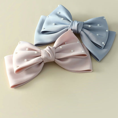 White Matte Satin Pearl Double-Layer Bow Hair Clip for Girls – Bridal/Flower Girl, 18cm