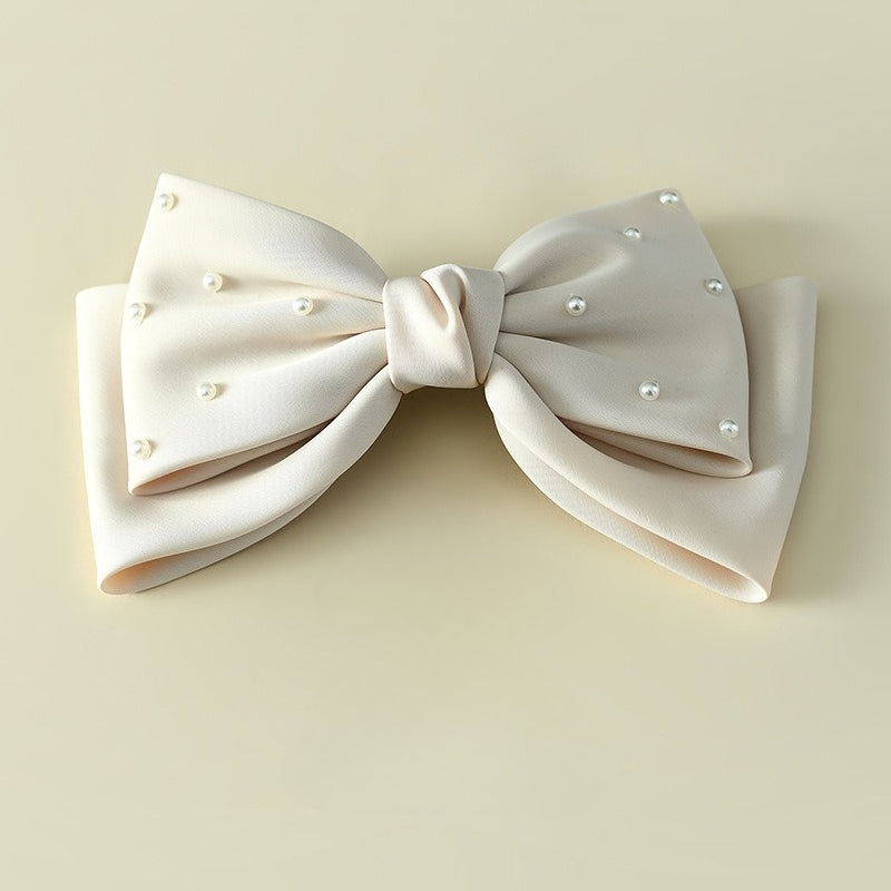 White Matte Satin Pearl Double-Layer Bow Hair Clip for Girls – Bridal/Flower Girl, 18cm