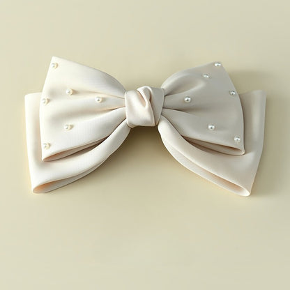 White Matte Satin Pearl Double-Layer Bow Hair Clip for Girls – Bridal/Flower Girl, 18cm